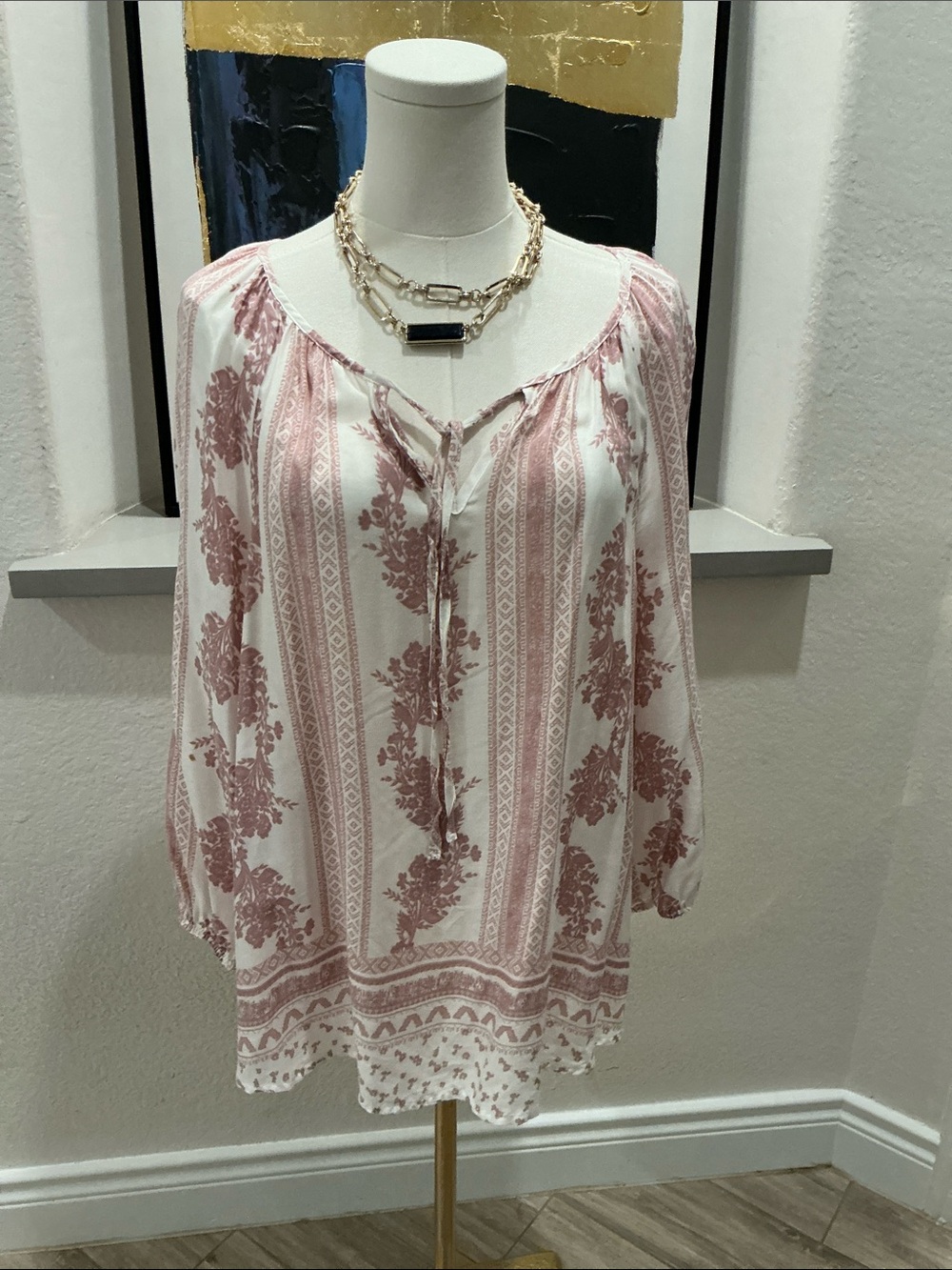 Fred David Pink and White Boho Peasant Tunic